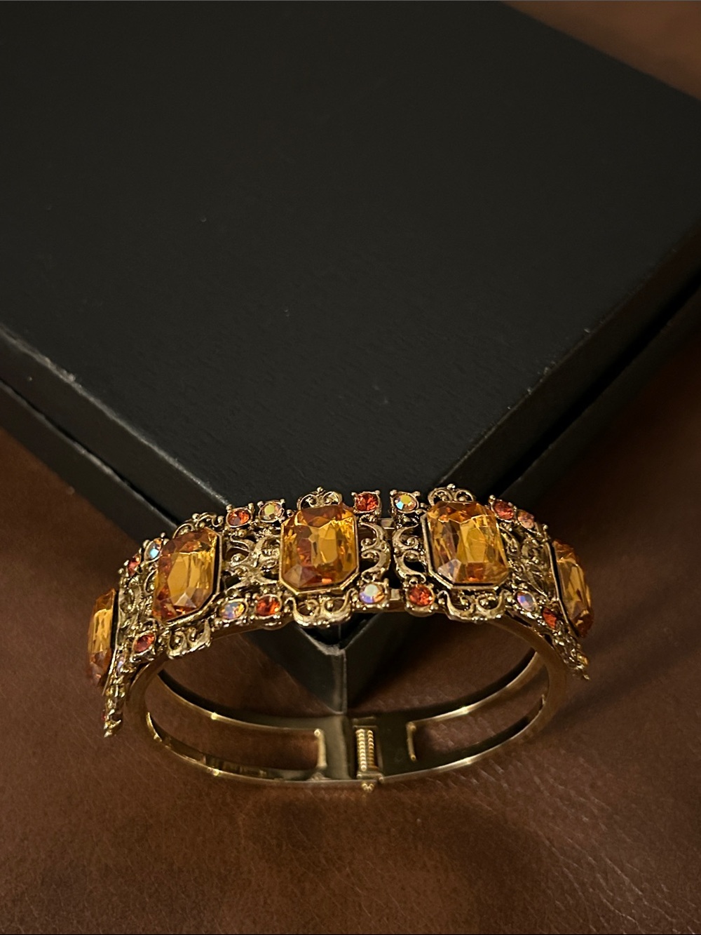 Gold-Tone Amber Crystal Statement Bracelet- vintage.